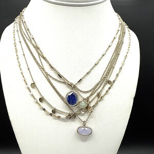Multi Strand Necklace 18in Faceted‎ Quartz Blue Goldstone Gold Tone Chain Layers